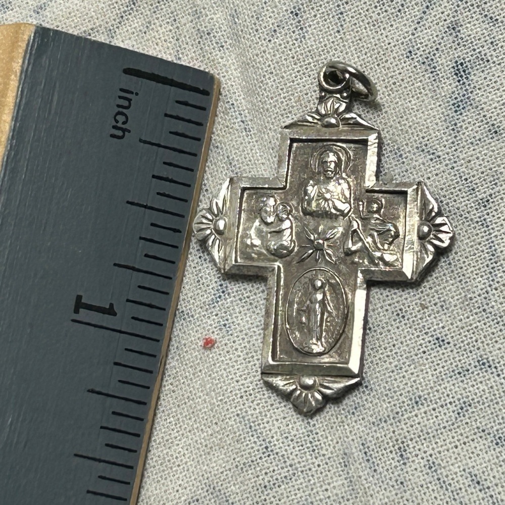 Sterling Silver 4 Panel Catholic Cross Pendant with Patina Vintage Religious - Picture 9 of 12
